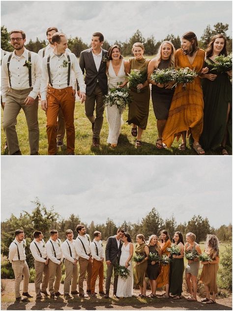 Mix And Match Bridal Party, Non Matching Bridal Party, Bridemades Photo Ideas, Earth Tones Groomsmen, Autumn Bridal Party, Multi Colored Bridesmaid Dresses Fall, Mismatched Bridal Party Groomsmen, Earth Tone Wedding Party, Earth Tone Groomsmen