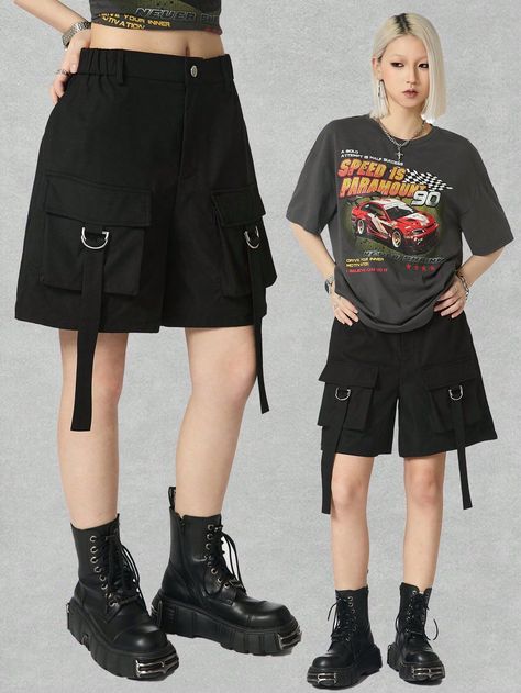 Black Cargo Shorts Outfit, Cargo Shorts Aesthetic, Techwear Shorts, Cargo Shorts Outfit, Goth Prom, Outfit Oversize, Outfits Baggy, Style Indie, Estilo Indie