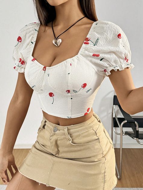 Apricot Boho Collar Short Sleeve Fabric Floral,Fruit&Vegetable,Plants Top Embellished Slight Stretch  Women Clothing Vegetable Plants, Puff Sleeve Shirt, Cherry Print, Fabric Floral, Women Blouses, Women Clothing, Puff Sleeve, Ideias Fashion, Sleeve Shirt