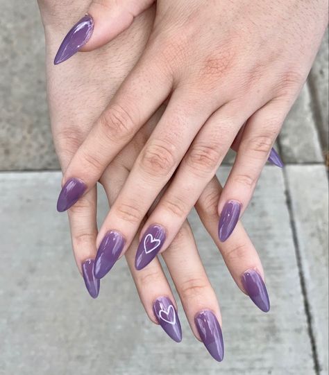 Purple Gel Nails Almond, Almond Acrylic Nails Heart Design, Purple Cat Nails, Jelly Nails Acrylic Almond, Purple Nails Jelly, Almond Nails Purple Design, Purple Jelly Nails Acrylic, Cute Acrylic Nails Purple, Heart Jelly Nails