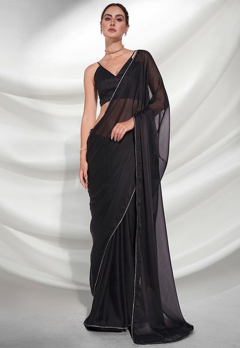 Shop Gota Embellished Satin Georgette Saree in Black now! Diwali Mehendi, Black Organza Saree, Indian Bridesmaid Dresses, Indian Bridesmaids, Simple Saree Designs, Engagement Reception, Bridesmaid Attire, Designer Sarees Collection, Sarees Silk