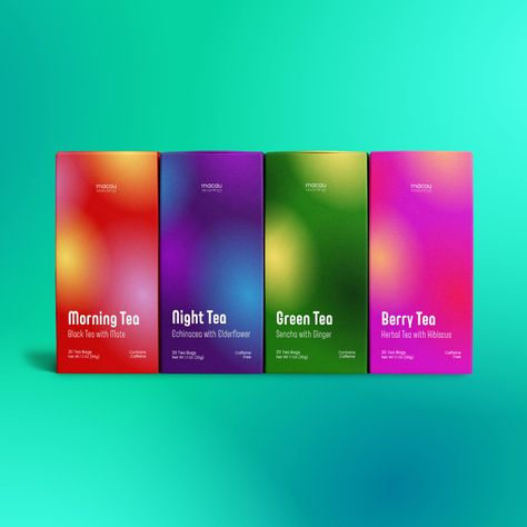 macau seasonings Tea Branding & Packaging Design on Behance Cool Tea Packaging, Abstract Packaging Design, Japan Packaging Design, Supplements Branding, Gradient Packaging, Purple Packaging, Supplement Packaging, Tea Branding, Shampoo Packaging