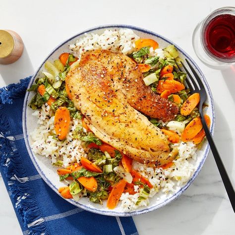 Recipe: Teriyaki Tilapia with Vegetables & Garlic-Ginger Rice - Blue Apron Teriyaki Tilapia, Soy Glaze, Blue Apron Recipes, Teriyaki Glaze, Sweet Rice, Cooking Spray, Blue Apron, Cooking Temperatures, Rice Wine