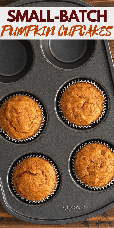 These super easy Small-batch Pumpkin Cupcakes are topped with decadent cream cheese frosting. Small Batch Of Pumpkin Muffins, Small Batch Pumpkin Cupcakes, Pumpkin Muffins Small Batch, Small Batch Pumpkin Muffins, Small Batch Pumpkin Cookies, Small Batch Cupcake Recipe, Pumpkin Cupcakes Easy, Baking Mischief, Small Recipes