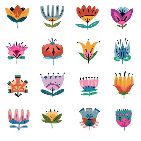 Folk art flower illustration Folk Art Daisy, Polish Folk Illustration, Folk Flowers Illustration, Folk Flower Pattern, Colorful Folk Art, Stylized Flowers Illustration, Folk Art Designs Pattern, How To Draw Folk Art, Icelandic Folk Art