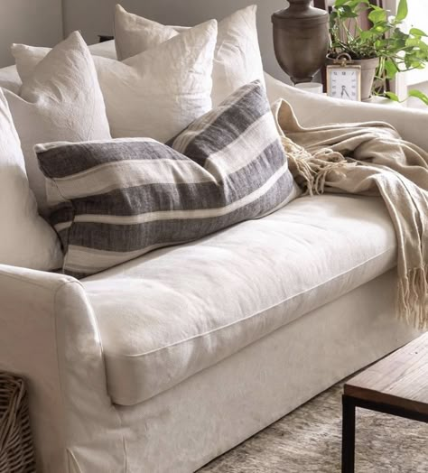 Linen Couches Living Room, White Linen Sofa Living Room, Living Room 2 Couches, Low Back Couch, Small White Couch, Love Seat Living Room, Small White Sofa, Burke Design, White Slipcover Sofa