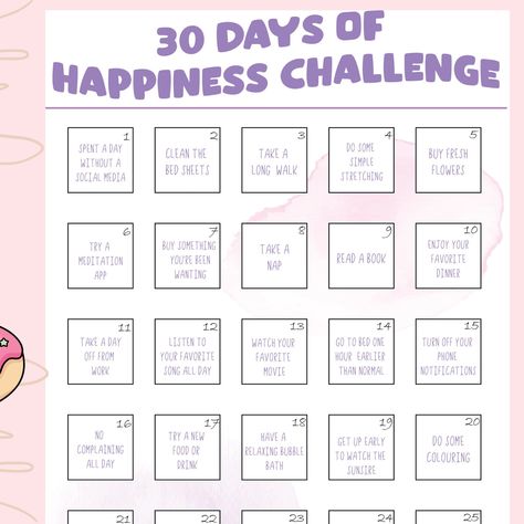 A 30-day happiness challenge is a great way to bring positivity into your life. You commit to doing one positive thing every day for the next month. Even on days where life seems challenging or stressful, try and find small ways to make yourself happy in order to fight off negative feelings with positivity. 30 day happiness Challenge Planner. Print and use your PDF to track your progress during your 30 day  challenge! Important information:  Instant Digital Download Size - A4  Format - PDF Once 30 Day Self Love Challenge, 30 Day Challenge Tracker, 30 Day Happiness Challenge, Self Love Challenge, Challenge 30 Day, Mom Challenge, 30 Days Challenge, Self Esteem Activities, Challenge Tracker