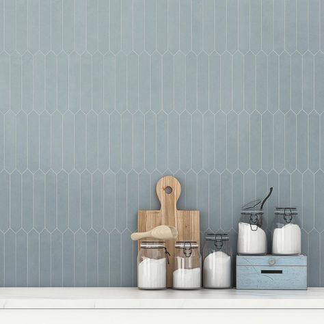 Kitchen backsplash tile. The picket is a porcelain tile suitable for floors, walls, and wet areas such as showers. Blue Picket Tile, Picket Tile Bathroom, Tile White Kitchen, Picket Tile Backsplash, Picket Tile, Coral House, Mosaic Tile Backsplash Kitchen, European Tiles, Kitchen Backsplash Tile