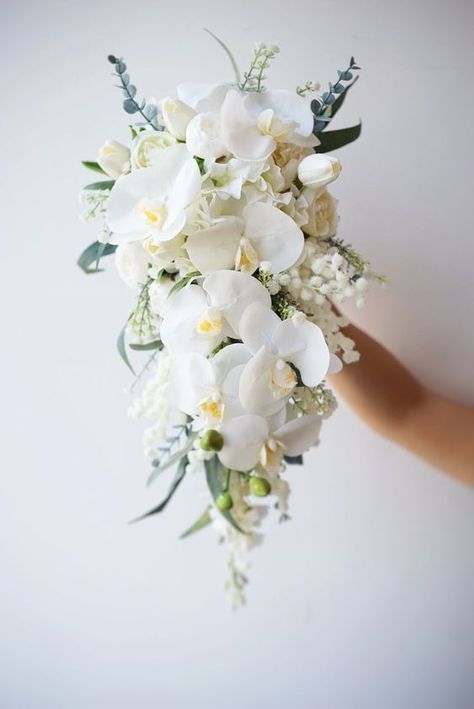 Flowing Bouquet Wedding, White Orchid Bouquet Wedding, Waterfall Bouquet Wedding, White Cascading Bridal Bouquet, Blue Orchid Bouquet, Waterfall Bouquet, White Orchid Bouquet, White Orchids Wedding, Orchid Bridal Bouquets