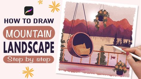 Lake View Landscape Drawing | Tatyworks on Patreon Procreate Mountain Tutorial, Mountain Tutorial, Landscape Drawing Tutorial, Draw Procreate, Landscape Drawing Easy, Procreate Tutorials, Landscape Steps, Mountain Drawing, View Landscape