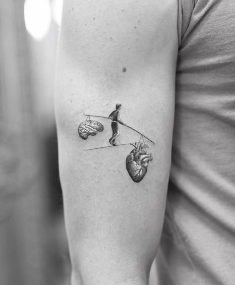 Fernweh Tattoo, Psychology Tattoo, Balance Tattoo, Small Tattoo Ideas For Women, Brain Tattoo, Bicep Tattoo, Full Body Tattoo, Small Tattoo Ideas, Cool Small Tattoos