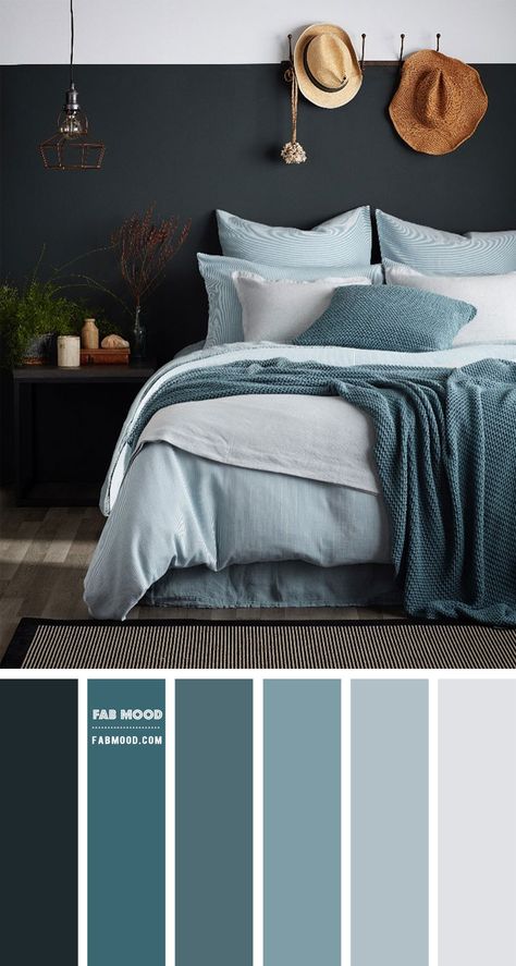 Why settle for one paint color when you can choose two? See this inspiring two–tone walls in charcoal and light grey smoke color. If this a beach bedroom bright... Blue Gray Bedroom, Teal Bedroom, Bedroom Colour Palette, Grey Bedroom, Bedroom Color, Bedroom Color Schemes, Bedroom Paint Colors, Gray Bedroom, Bedroom Paint