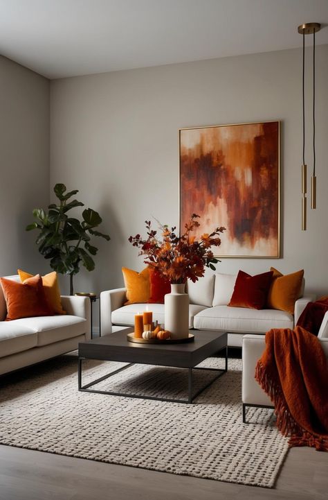 Experience the essence of fall in this charming sitting room! The bright white and beige couch, adorned with plush orange cushions, creates a warm and inviting atmosphere. Dried leaves artfully arranged on the rustic coffee table mimic the beauty of a crisp autumn day. A soft, knitted throw layered across the arm invites cozy moments with a book or a cup of tea. The subtle interplay of textures and colors effortlessly captures the spirit of the season. Room Oasis, Cozy Sitting Room, Burgundy Living Room, Beige Couch, Rustic Coffee Table, Orange Cushions, White Couches, Beige Living Rooms, Crisp Autumn