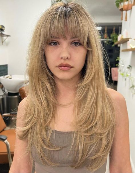 Long Feathered Hair with Brow-Grazing Bangs Long Hair Half Up Half Down With Bangs, Butterfly Haircut With Full Bangs, Midi Length Hairstyles, Long Choppy Layers With Bangs, Mid Length Hair With Fringe Bangs, Hidden Bangs, Hair With Wispy Bangs, Bang Inspo, 2024 Haircut