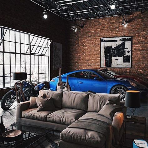 Porsche Motorcycle, Bachelor Pad Apartment, Casa Garage, Loft Designs, Garage Loft, Casa Loft, Luxury Garage, Loft Interior Design, Loft Ideas