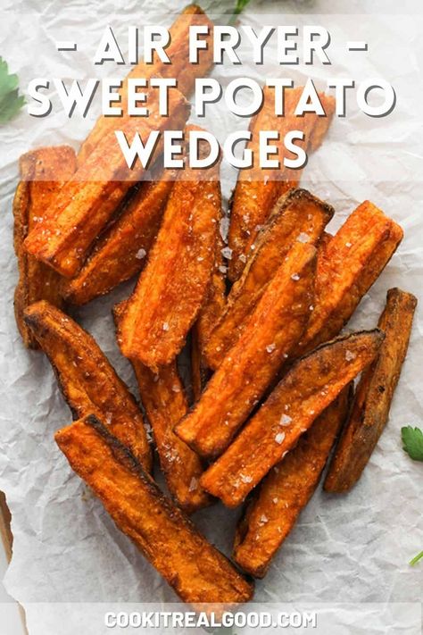 Air Fryer Sweet Potato Wedges, Easy Sweet Potato Recipes, Air Fryer Sweet Potato Fries, Sweet Potato Nachos, Potato Wedges Recipe, Wedges Recipe, Crispy Sweet Potato, Vegetable Side Dishes Recipes, Sweet Potato Wedges