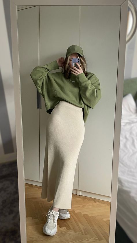 Sage Green Fashion Aesthetic, Green Midi Skirt Outfit Aesthetic, Aesthetic Outfits With Skirts Winter, Off White Skirt Outfit Winter, White And Sage Green Outfit, Sage Green Long Skirt, Maxi Cream Skirt Outfit, Green Winter Outfits Aesthetic, Green And Off White Outfit