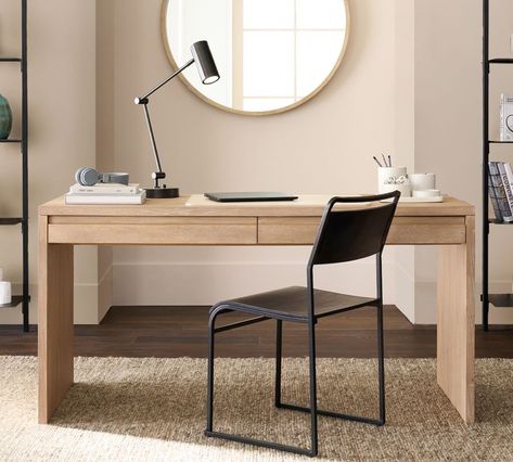 Pacific 60'' Desk with Drawers | Pottery Barn Canada Big Wood Desk, Oak Desk Office, Cb2 Desk, Modern Work Desk, Japandi Desk, Minimalist Desk Design, Brown Wood Desk, White Oak Desk, Natural Wood Desk