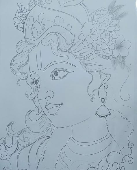 Pencil Art Drawings Krishna, Kanha Ji Drawing Easy, Shri Krishna Drawing Easy, Radha Ji Painting, Mural Pencil Drawing, How To Draw Krishna, Radha Drawing Easy, Radha Ji Drawing, Krishna Drawing Sketch Easy