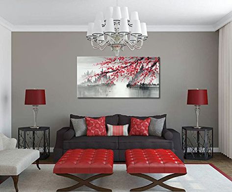 Amazon.com: Seekland Art Large Traditional Chinese Painting Hand Painted Plum Blossom Canvas Wall Art Modern Black and White Landscape Oil Painting for Living Room: Paintings #art #home #interiordesign #painting #homedecor #decor #unique #decoration #wallart #afflink Distressed Wood Wall, Red Living, Living Room Red, Wood Wall Mirror, How To Distress Wood, Framed Wall, Home Deco, Metal Walls, Wood Wall