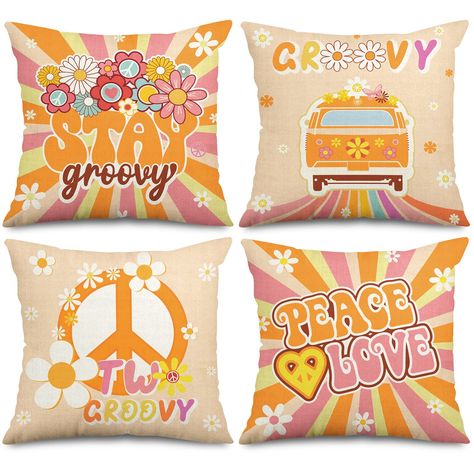 PRICES MAY VARY. Linen Pillow Cover Set - 4pcs groovy pillow covers are contained in the package, designed with unique and single-sided printings and an invisible zipper on the side, they will be great decoration for your home and office. Notice: the pillow inserts are not included in the package. Groovy Hippie Style - Our pillow covers are featuring the theme of groovy boho, patterned with daisy, flower, rainbow, printed the words of Peace Love and Stay groovy, which will create funny atmospher Boho Pillow Covers, Retro Throw Pillows, Sofa Decoration, Boho Theme, Garden Pillows, Super Gifts, Retro Groovy, Linen Pillow Covers, Daisy Flowers