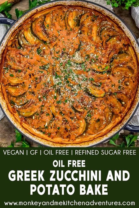 Greek Zucchini, Vegan Zucchini Recipes, Monkey And Me Kitchen Adventures, Monkey And Me, Oil Free Vegan Recipes, Potato Bake, Vegan Zucchini, Vegan Potato, Vegan Parmesan