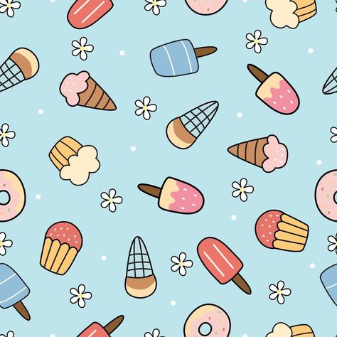 Ice cream background seamless vector pattern hand drew the design in cartoon style Use for prints, decorative wallpaper, textiles, fabrics, vector illustrations. Ice Cream Background, Ice Cream Cute, Ice Cream Wallpaper, Ice Cream Illustration, Decorative Wallpaper, Ice Cream Print, Drawing Wallpaper, Wallpaper Decor, Cream Background