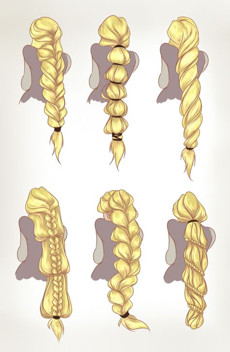 dreamwips: “Got round to colouring these. Rapunzel hair concepts for my and Emily’s Rise of the Brave Tangled Dragons webcomic. ” Rapunzel Tangled Braid, Hair Like Rapunzel, Rapunzels Braided Hair, Braided Hair Character Design, Messy Braid Drawing Reference, Medieval Hairstyles Drawing, Long Braids Reference, Drawing Of Braided Hair, Twin Braids Drawing Reference