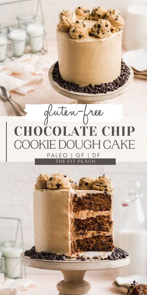 Chocolate Chip Cookie Dough Cake Recipe, Chicolate Cake, Gluten Free Chocolate Chip Cookie Dough, Chocolate Chip Cookie Dough Cake, Gluten Free Birthday Cake, Gluten Free Cookie Dough, Gluten Free Chocolate Cookies, Cookie Dough Filling, Cookie Dough Frosting