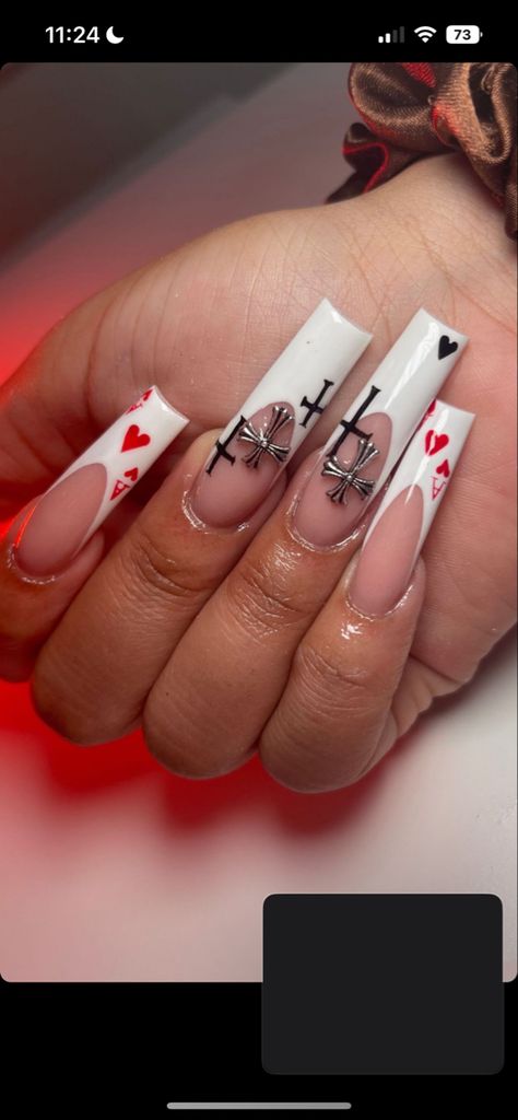 Long Square Acrylic Nails Goth, Nails With Cards Design, Ace Of Spades Nail Design, Ace Card Nails, Ace Nails Designs, Card Nails Acrylic, Valentine’s Day Nails Square, Card Themed Nails, Breakup Nails