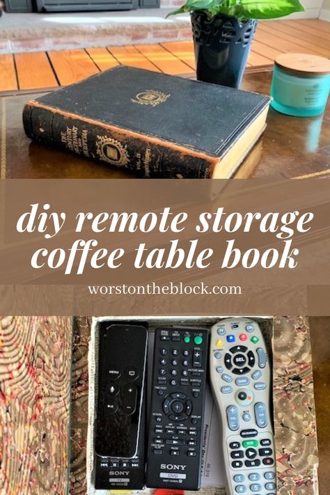 DIY storage solution for remote controls from a coffee table book.  DIY coffee table storage book Coffee Table For Apartment, Coffee Table Remote Control Storage, How To Hide Remote Controls, Books Over Couch, Diy Remote Control Holder Living Rooms, Diy Book Table, Coffee Table Book Storage, Coffee Table Shelf Decor, Book Hiding Place Diy