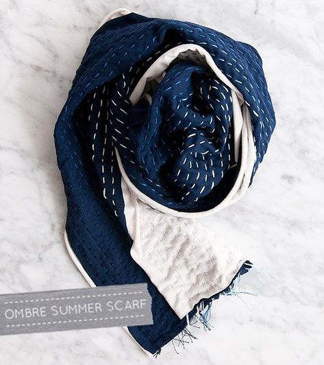 This Ombre Sashiko scarf is so beautiful and perfect for summer. The tutorial is easy to follow and great for beginners. #scarf #summerstyle #summerscarf #sashiko #sashikoembroidery #sashikoscarf #ombrescarf #craftgossip Embroidery 101, Embroidery Scarf, Sewing Machine Needle, Diy Ombre, Scarf Tutorial, Sashiko Embroidery, Embroidered Scarf, Diy Scarf, Summer Scarf