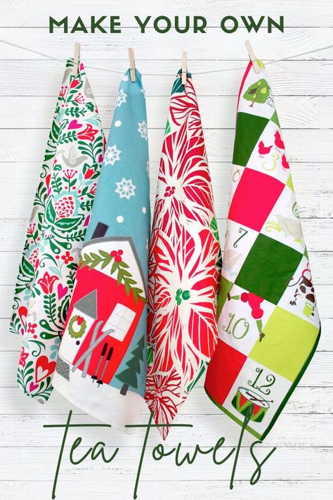 make your own kitchen tea towels Tea Towels Diy Sewing, Kitchen Towels Sewing, Quilted Kitchen Towels, Sew Tea Towels, Sewing Tea Towels, Diy Tea Towels Sew, Diy Christmas Tea Towels, Christmas Kitchen Towels Diy, Christmas Towels Diy