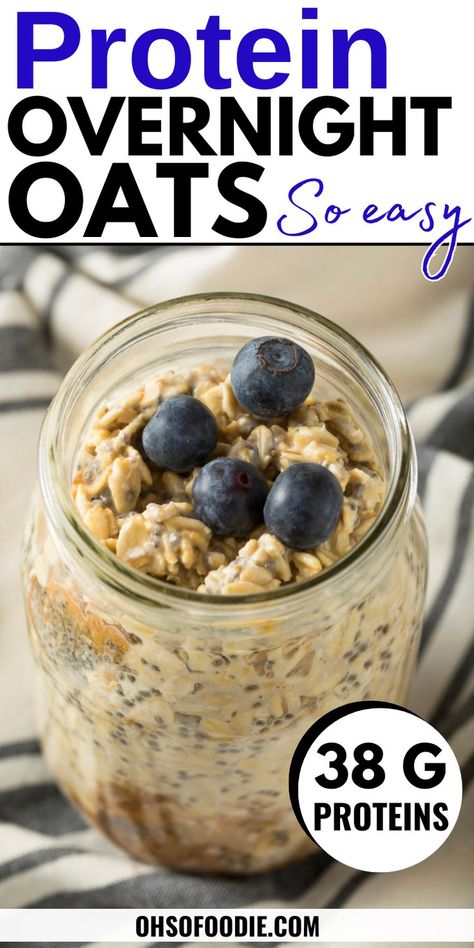 Text reads Protein Overnight Oats - Proats Recipe Overnight Oats Greek Yogurt, Protein Overnight Oats Recipe, High Protein Overnight Oats, Dairy Free Overnight Oats, Rolled Oats Recipe, Oats With Yogurt, Eat More Protein, Oats Protein, Overnight Oats Recipe Easy