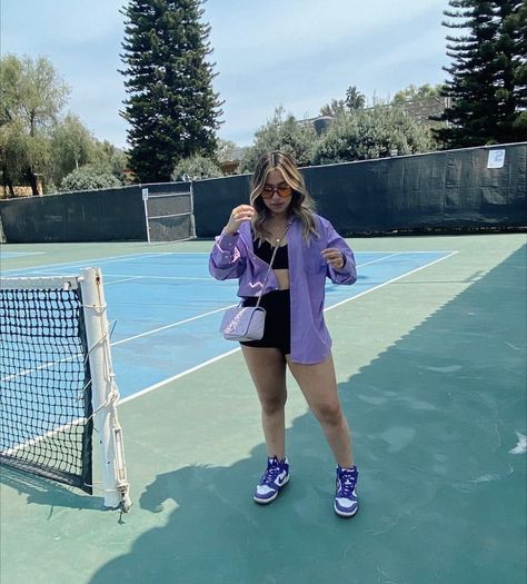 Outfit inspo Purple Nike Dunks Outfit, Purple Sneakers Outfit Woman, Purple Dunks Outfit, Purple Outfit Summer, Purple Sneakers Outfit, Purple Jordans Outfit, Outfits With Air Jordans, Purple Shoes Outfit, Purple Jordans