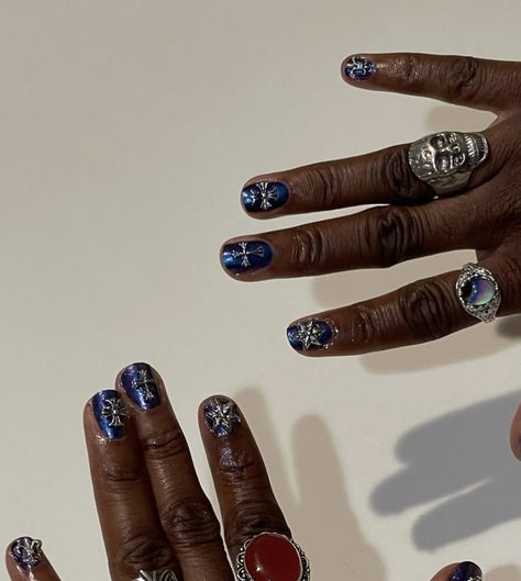 Concert Nails Short, Short Nail Designs Maximalist, Short Funky Nail Ideas, Blue Nails Men, Maximalist Short Nails, Short Cool Nails, Short Nail Designs Grunge, Short Nail Designs Men, Short Nails Men