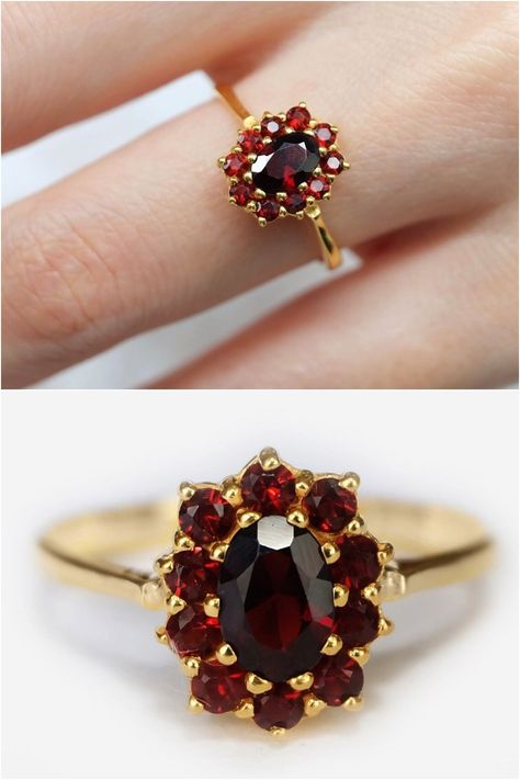 Engagement Ring Details 14k Solid Gold (Also available in Rose and White Gold, Please select at checkout) 2.5mm (Approximate Band Width) Natural Garnet (Center Stone) Oval 7.75X5.5mm (Center Stone Dimensions) 1.40 Carats (Average Center Stone Weight) Surrounding Stone Details Natural Garnet Round 2.50mm (Side Stone Dimensions) 0.80 Carats (Average Side Stone Weight/ 10 Pcs.) For custom order this ring with a different stone, please contact us. Garnet Birthstone Rings, Dream Rings, Garnet Birthstone, Birthstone Rings, Detailed Engagement Ring, Dream Engagement, Dream Engagement Rings, Garnet Ring, Vintage Engagement