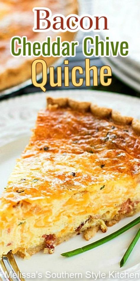 Bacon Cheddar Chive Quiche Bacon Cheddar Quiche, Bacon Quiche Recipe, Bacon And Cheese Quiche, Cheddar Quiche, Thanksgiving Brunch, Easy Quiche, Breakfast Quiche Recipes, Quiche Recipes Easy, Easy Bacon