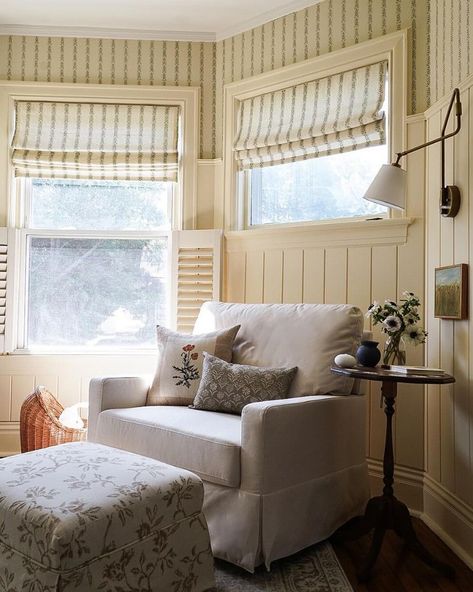 A quaint and cozy corner featuring the spacious Crawford Chair and a Half. We love how it complements this nursery’s decorative walls, antique accents, and farmhouse feel. 🏡  📸: @d.ridarick Nursery Corner, Nursery Seating, Decorative Walls, Cozy Nursery, Chair And A Half, Cozy Corner, Nursery Ideas, Kid Spaces, Reading Nook