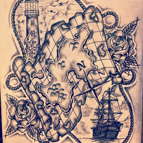 Tattoo Sleeve Nautical, Pirate Map Tattoo, Nautical Sleeve, Map Tattoo, Pirate Tattoo, Map Tattoos, Tattoo Old School, Thigh Piece, Theme Tattoo