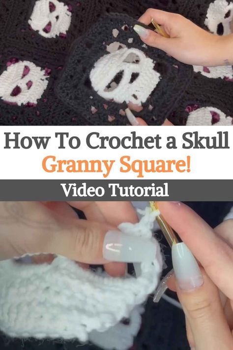 How To Crochet a Skull Granny Square! Scull Crochet Granny Square, Alter Cloth Crochet Pattern, Skull Granny Square Sweater, Skull Granny Square Tutorial, Crochet Patterns Skull, Free Skull Granny Square Pattern, Skull Crochet Square, Skull Granny Square Blanket, Skull Pattern Crochet