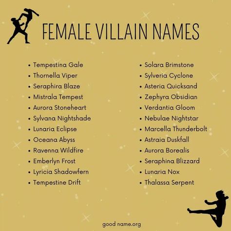 In the realm of storytelling, the antagonist often stands as a pillar opposite the protagonist. Their name, demeanor, and actions shape the narrative, adding layers of depth and intrigue. But what’s in a name? For Female Villain Names, especially female ones, their name can be a powerful tool, setting the tone for their character and ... Read more The post Mistresses Of Malevolence: Unique Female Villain Names appeared first on Good Name. Antagonist Name Ideas, Names For Antagonists, Villains Names Ideas, Name For Villain, Teifling Female Names, Female Character Names Dark, Villain Last Names, Fantasy Realm Names Ideas, Good Villain Names