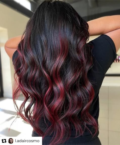 Magenta On Dark Hair, Balayage Hair Red And Black, Black To Wine Red Ombre Hair, Burgundy Peekaboo Highlights, Red Hair Balayage Black, Wine Hair Ombre, Dark Brown Hair With Dark Red Balayage, Dark Cherry Hair Balayage, Burgundy Red Hair Balayage