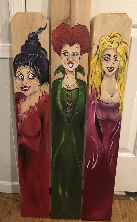 Sanderson Sisters Painting Canvas, Sanderson Sisters Porch Sign, Hocus Pocus Painting, Porch Art, Some Assembly Required, Halloween Wood Crafts, Fence Boards, Spooky Halloween Party, Door Entry