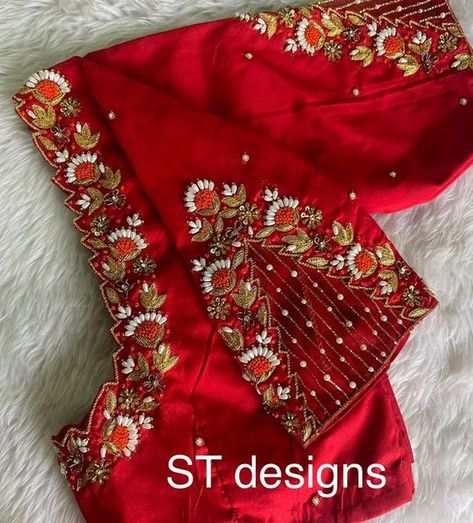 Maggam Work For Lehenga Blouse, Magam Work On Red Blouse, Cross Lines Maggam Work Designs, Red Blouse Embroidery Designs, Red Aari Work Blouse Designs, Net Work Aari Blouse Designs, Red Blouse Aari Work Designs, Latest Embroidery Designs For Blouses, Thread Work Aari Blouse Design