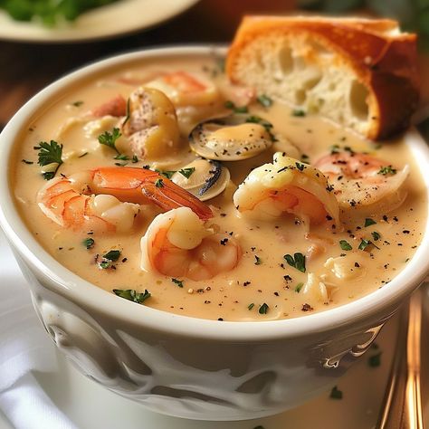 Old Bay Soup, Chefs Club Recipes Videos English, Creamy Seafood Symphony Bisque, Curry Neckbones, Seafood Hot Pot Recipe, Seafood Soups And Chowders, Seafood Easy Recipes, Claw Crab Meat Recipes, Seafood Fondue Recipes