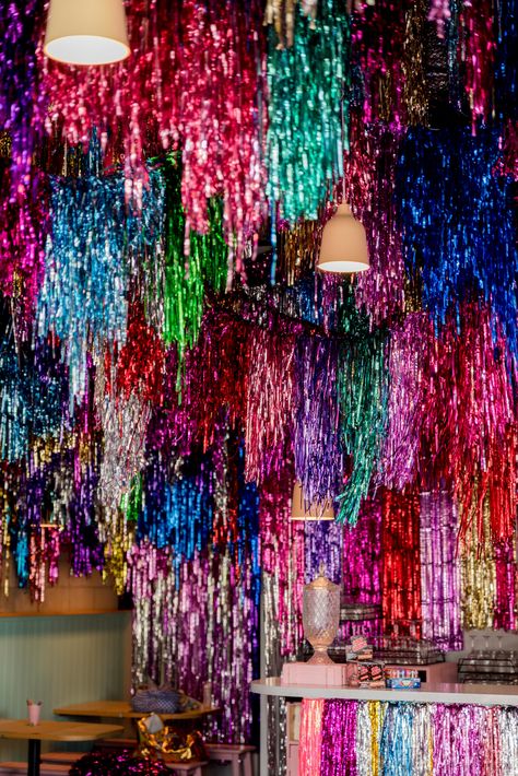 Immersive Tinsel Bar in Brisbane, Australia by @imakestagram Rachel Burke, Pop Up Bar, Tinsel Garland, Event Inspiration, Brisbane Australia, Holiday Party Decorations, Night Art, Disco Party, Unique Crafts