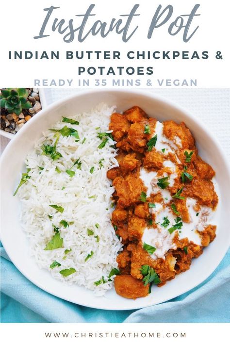 Instant Pot Butter Potato Chickpeas. This Indian dish is flavourful, filling and vegan! It is the perfect meatless meal for dinner and great as leftovers! #instantpot #chickpeas #vegan #indianfood Instant Pot Indian, Chickpea And Potato Curry, Vegan Chickpea Recipes, Instapot Recipes Chicken, Meal For Dinner, Instant Pot Recipes Vegetarian, Butter Potatoes, Vegan Instant Pot Recipes, Meatless Meal