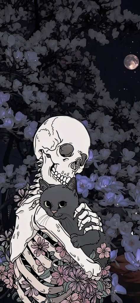 Cuddling wallpaper Cat And Skull Wallpaper, Matching Wallpaper Couple Halloween, Cute Couple Phone Wallpaper, Lockscreen Wallpaper Iphone Dark, Flower Ghost Wallpaper, Skeleton Flipping Off Wallpaper, Skull Wallpaper Iphone Aesthetic, Cute Relationship Wallpapers, Gothic Grunge Wallpaper