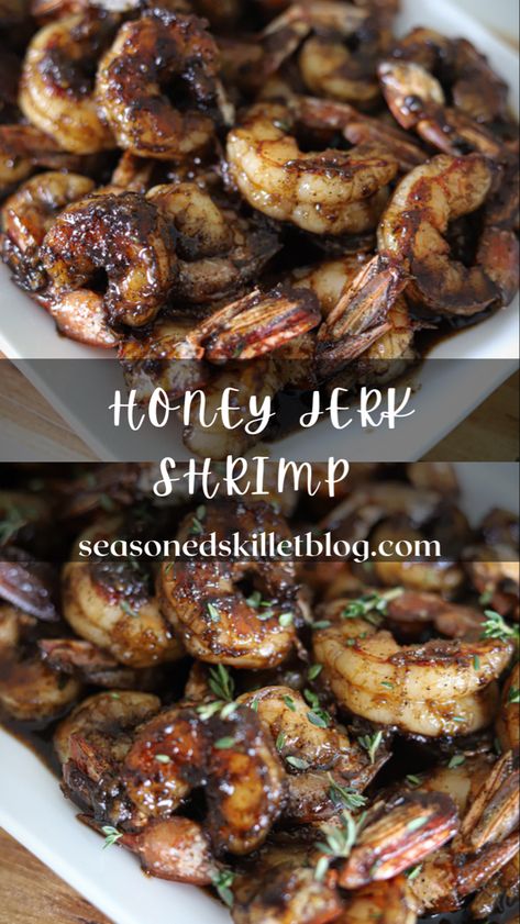 Ready in 20 minutes or less, this Honey Jerk Shrimp recipe promises to deliver a quick and easy meal with big island flavour that can be served over just about anything! Well seasoned jumbo shrimp are first sautéd until the edges are golden then tossed in a delicious honey jerk homemade sauce for the perfect weeknight or anytime dinner! Jamaican Jerk Shrimp, Jerk Recipes, Jerk Recipe, Jumbo Shrimp Recipes, Sweet And Spicy Shrimp, Jerk Shrimp, Quick Seafood Recipes, Jamaican Curry, Jamaican Dishes